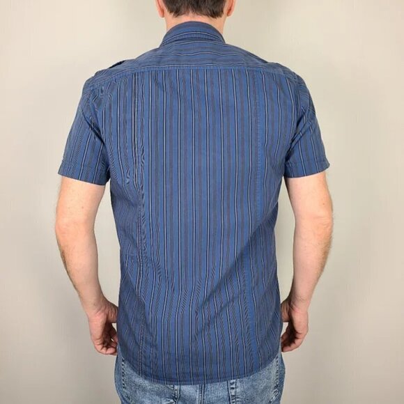 RW&CO Men's Navy Blue Striped Short Sleeve Button Down Shirt Medium - Picture 9 of 16